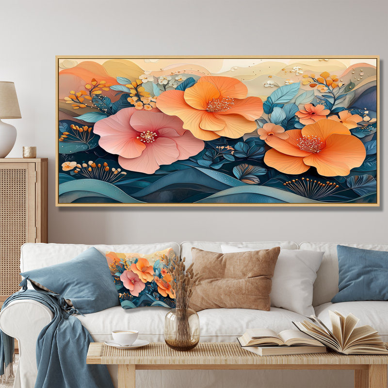 Hibisuc tropical dans une symphonie côtière III - Hibiscus, art mural, H 28 po x l 60 po, Cadre flottant, Argent argent