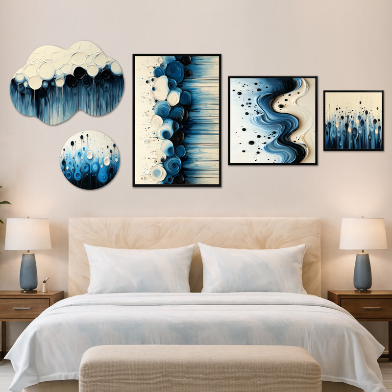 Ensemble de 5 pièces d'art mural, toile et métal abstraites Aqua Rhythmic Splash of Serenity IV (100 po x 40 po)