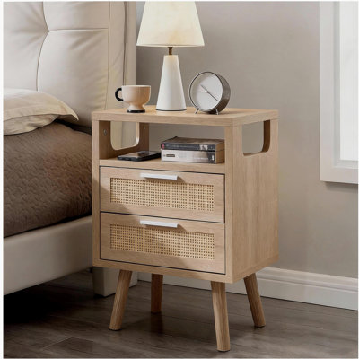 Set of 2 with 2 Drawers, 15.4" Modern Storage Bedside Table with Golden Metal Handles, Wooden End Table for Bedroom, Wood