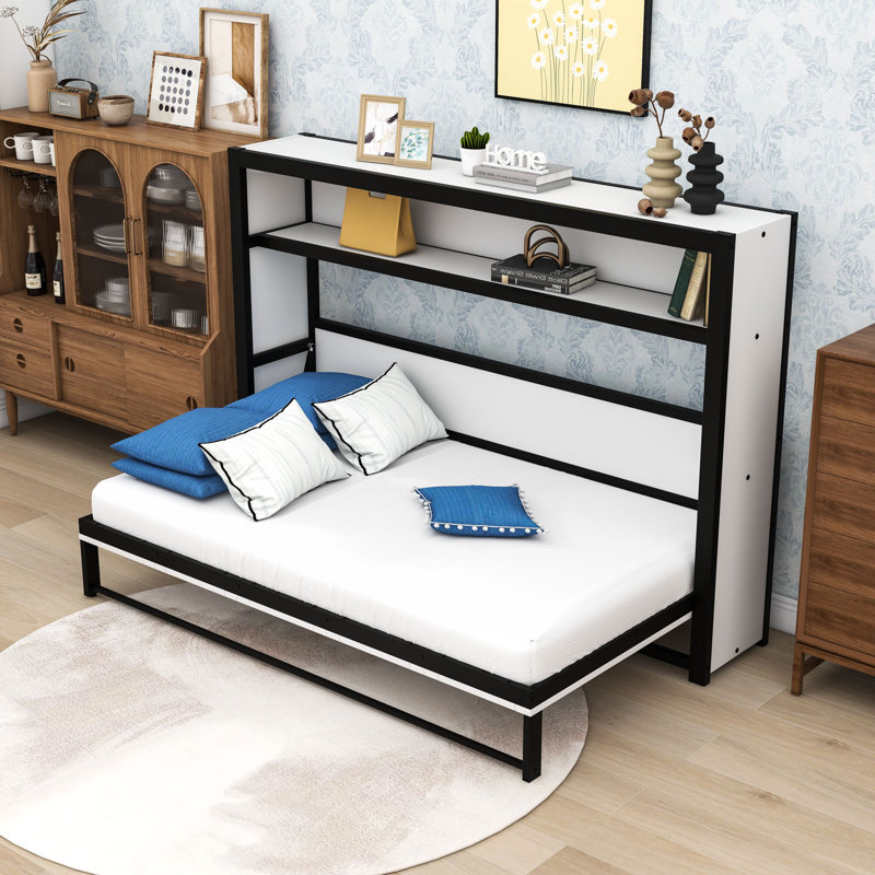 Lit escamotable simple en bois avec tablettes, Blanc noir