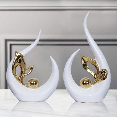2 Pcs White Gold Ceramic Abstract Sculptures