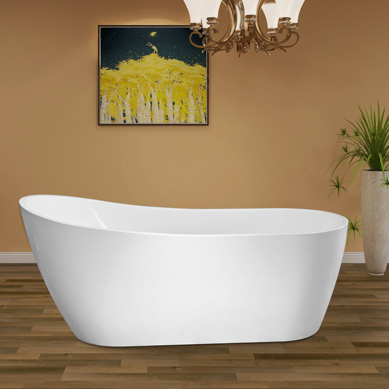 Amara Acrylic Freestanding Soaking Bathtub, White/Brushed Nickel, 28.37" H x 59" L x 28.37" W
