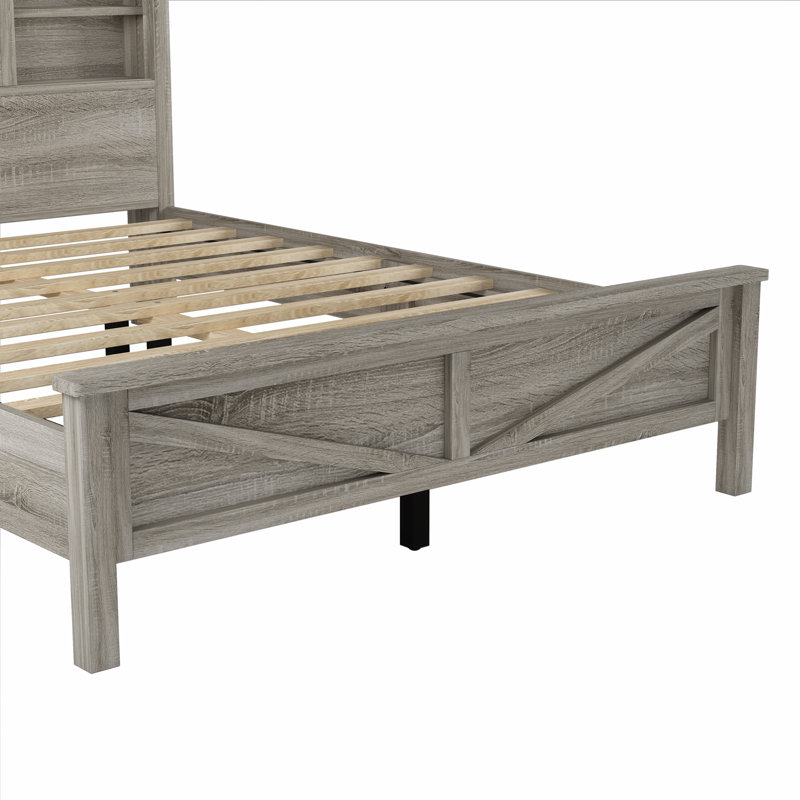 Ensemble de chambre à coucher en bois trois pièces, lit plateforme avec tête de lit et station de charge, Gris antique