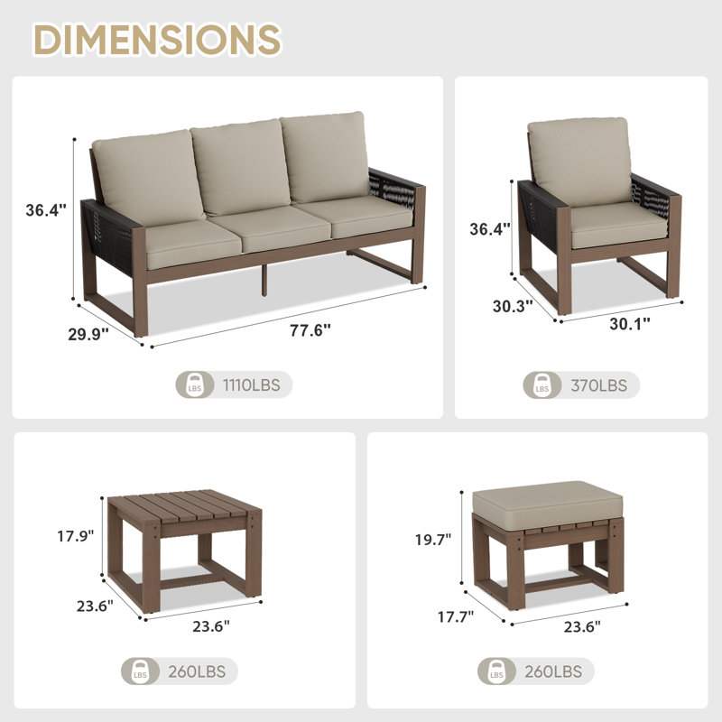Ensemble de conversation 6 pièces avec canapé en bois de cèdre brun et osier gris avec coussins en oléfine, table basse carrée et repose-pieds