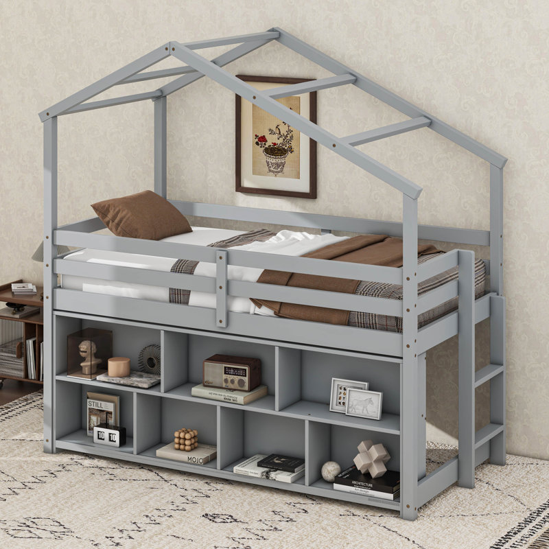 Lit mezzanine simple Aulea avec tablettes de rangement sous le lit, Gris