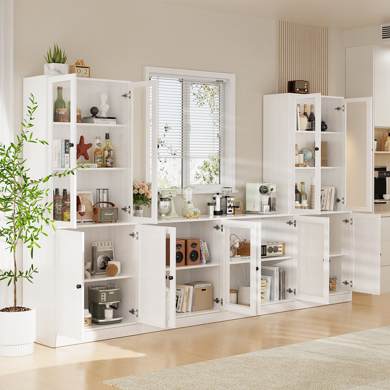 Garde-manger de 71 po avec bibliothèques, meuble télé de style campagnard pour téléviseur de 70 po ou moins Reshod, Blanc