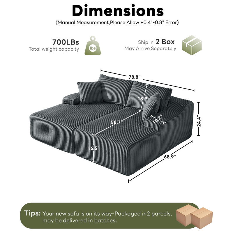 Méridienne modulaire surdimensionnée à compression 78,8 po, aucun assemblage requis, canapé-lit inclinable en velours côtelé avec 2 coussins