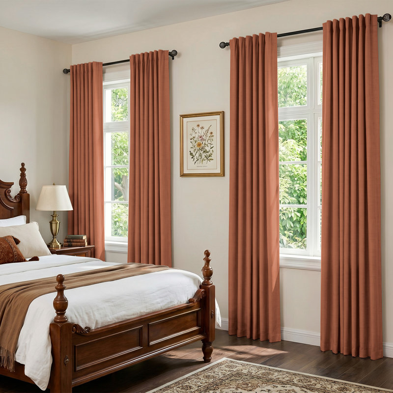 Graciella Thermal Insulated Faux Linen Textured 100% Blackout Curtains for Bedroom Living Room Back Tab/Rod Pocket, Orange