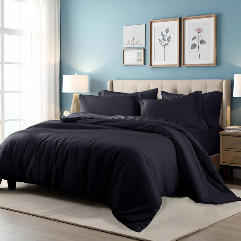 Ensemble de housse de couette de luxe en coton égyptien à densité de tissage 400 fils avec taies décoratives, Marine