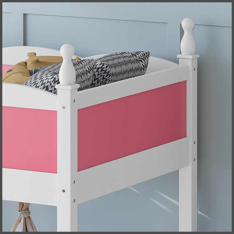 Lit mezzanine double / double en bois massif avec garde-corps de sécurité, échelle - blanc, Rose et blanc