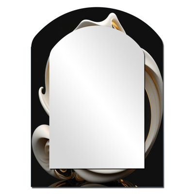Liquid White Stained Glass V - Abstract Spirals Asymmetrical Mirror, Gold Arch Unique Wall Mirror, Printed Metal Art