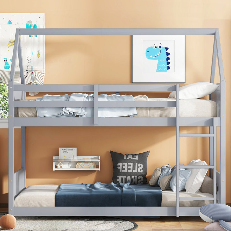 Lit superposé simple au-dessus d'une chambre simple avec tête de lit, pied de lit et garde-corps, échelle, lit superposé en bois d'hévéa avec garde-corps de sécurité, gris