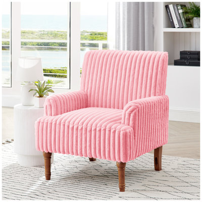 Fauteuil d'appoint en velours côtelé rose avec pieds en bois massif - Fauteuil rembourré de style Mid-Century pour salon et chambre à coucher