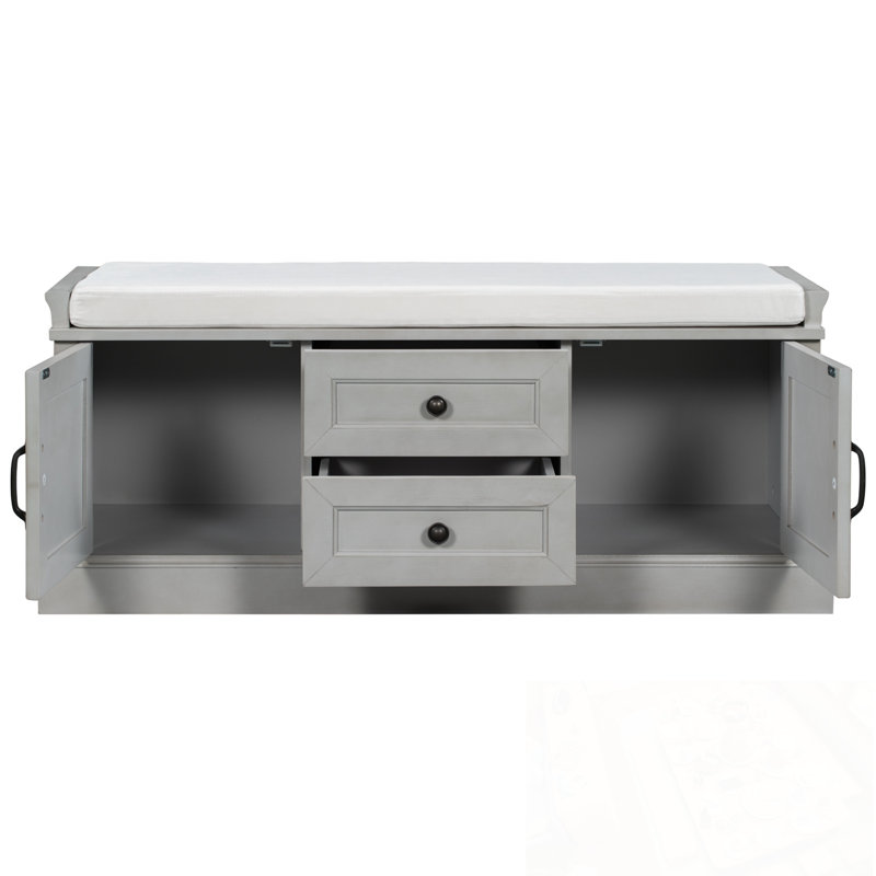 Storage Bench with 2 Drawers and 2 Cabinets, Gray Wash