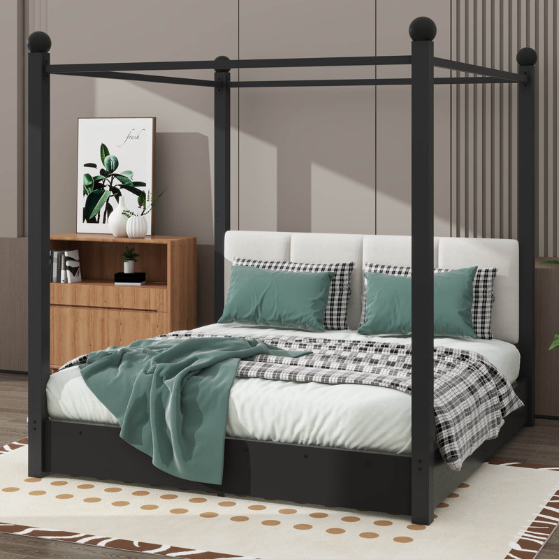 Lit plateforme avec auvent, tête de lit rembourrée et structure en métal, Queen, Black