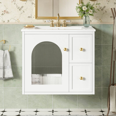 Ensemble de meuble-lavabo mural 24 po pour petit espace, armoire de salle de bain avec lavabo en céramique, 2 tiroirs et 1 porte à fermeture en douceur
