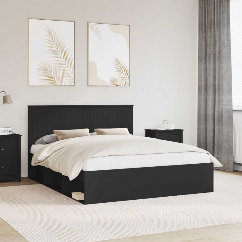 Solid Wood Bed, Black, European Kingsize (160 x 200 cm)