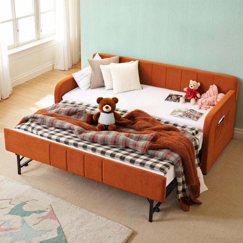 Velvet Upholstered Daybed with Trundle, Twin Size, Orange