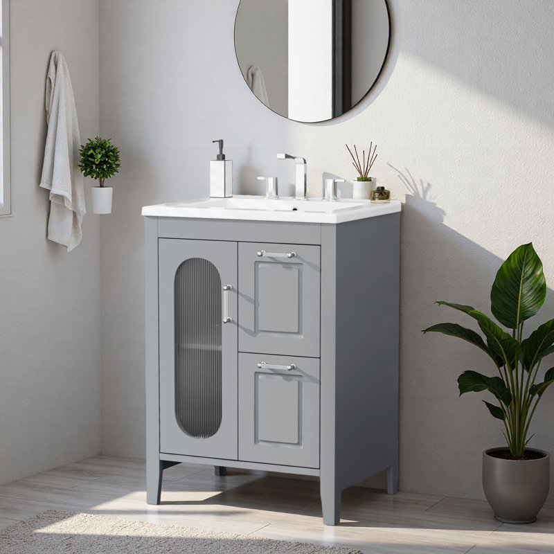 Meuble-lavabo 24 po avec lavabo, meuble-lavabo avec deux tiroirs et porte, tablette réglable, bois massif et panneau de fibres à densité moyenne