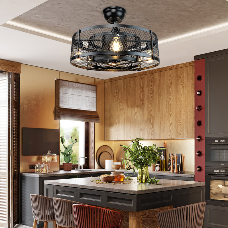 Ventilateurs de plafond en cage de 20 po avec télécommande pour l'application pour la chambre à coucher de patio, ventilateur de plafond encastré avec lumières réversibles 6 vitesses noir Farmhouse