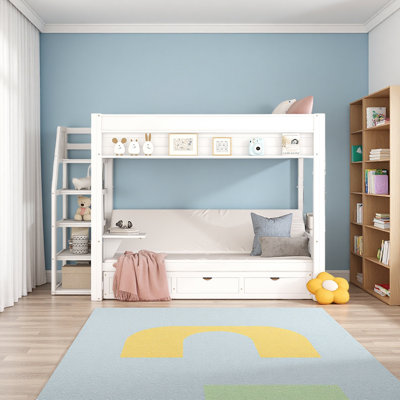 Wood Full Size Convertible Bunk Bed With Storage Staircase, Bedside Table, And 3 Drawers