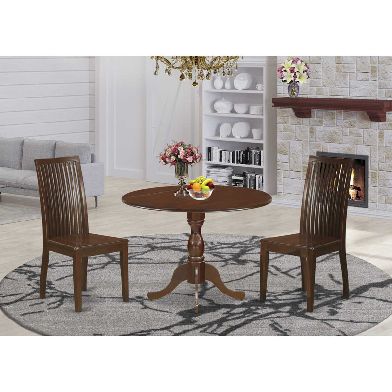 3 Piece Kitchen Table & Chairs Set Contains a Round Dining Room Table with Dropleaf and 2 Dining Chairs, 42x42 Inch, Mahogany
