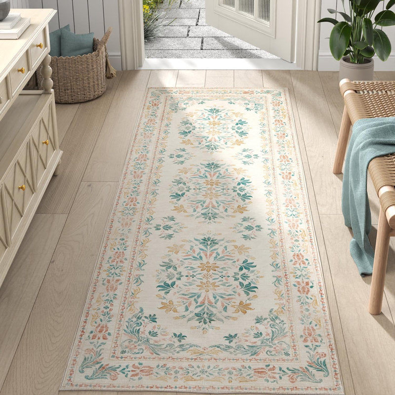 Vintage Floral Distressed Design Non-Slip Low-Pile Soft Thin Faux Wool Area Rug, Runner 2' x 8'