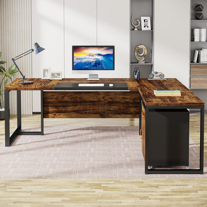71'' Rustic Brown and Black L-Shaped Desk with Mobile File Cabinet