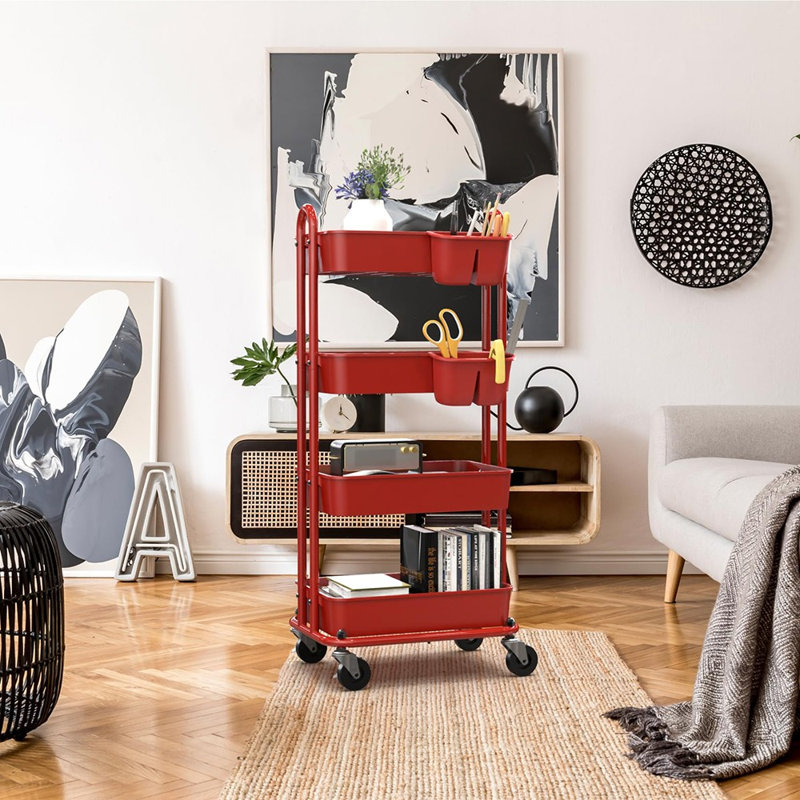 Chariot de rangement mobile à 4 niveaux avec bacs suspendus et roulettes pivotantes verrouillables, Rouge