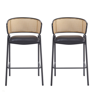 Tabouret de bar intérieur en métal rembourré, siège en similicuir avec dossier en rotin Wowen, ensemble de 2