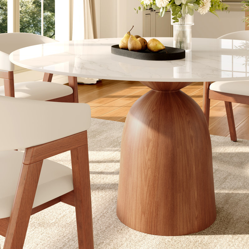 Modern Round Dining Table with Premium Sintered Stone Tabletop & Sturdy Solid Wood Pedestal Base for 2-6 Seats, White, Walnut