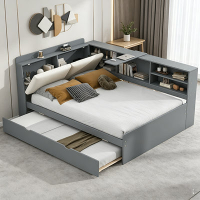 Lit plateforme avec tête de rangement, bibliothèque intégrée et 2 tiroirs, cadre de lit en bois avec dossier rembourré et lit escamotable, lit plateforme tapissier, cadre de lit multifonctionnel, lit robuste sans sommier, pour chambre à coucher, gris et Blanc