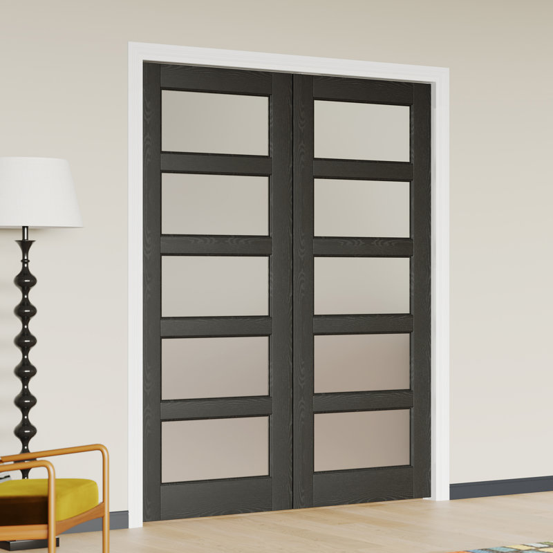 Double porte intérieure française avec cadre assorti - portes de garde-manger intérieures en MDF en verre givré noir 5 Lite avec moulures décoratives