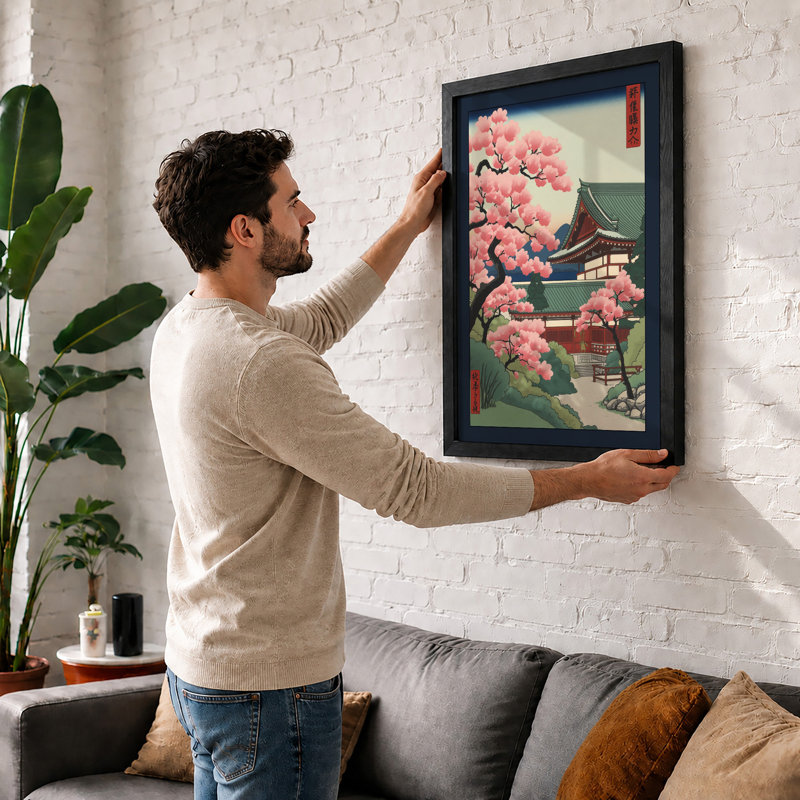Cherry Blossom Temple Japandi - Framed Print, Unframed, A1 - 84.1 x 59.4 cm