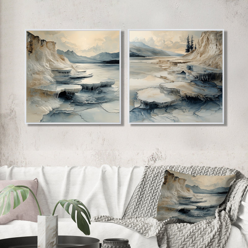 «Hot Springs» de Istanbul, Pamukkale gris, art mural industriel, 2 pièces, H 36 po x l 73 po, Impression encadrée flottante