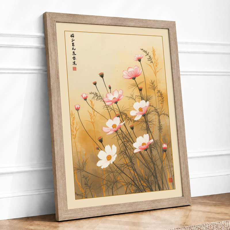 Cosmos in Bloom Japandi - Framed Print, A3 - 42.0 x 29.7 cm, Oak