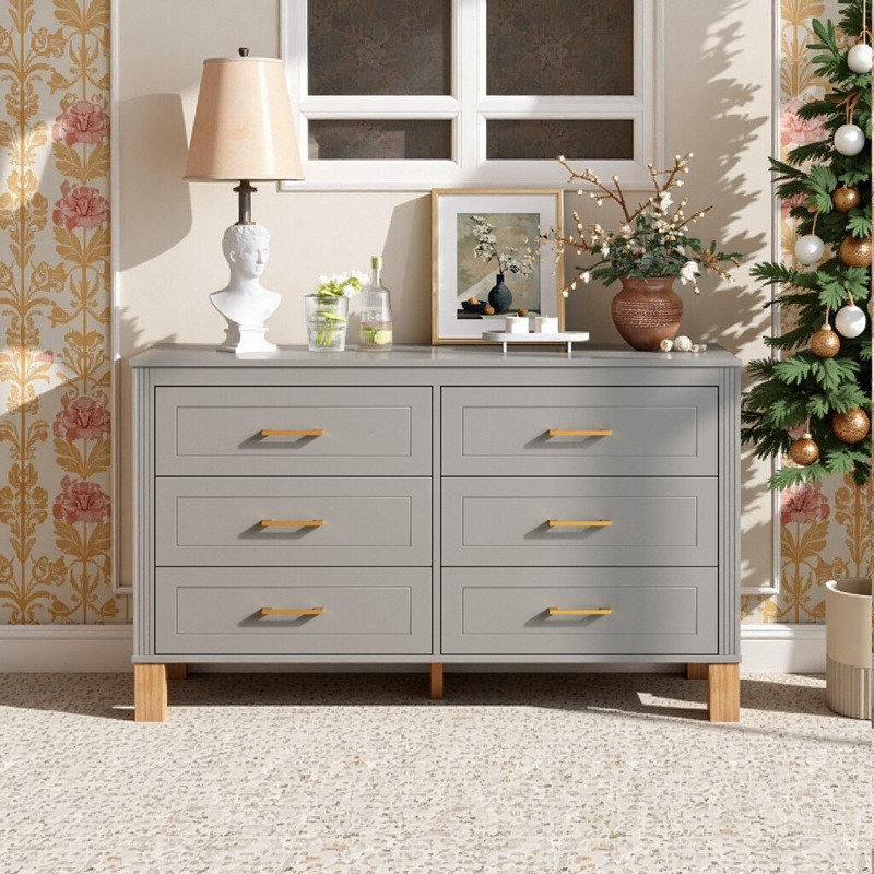 Commode double 6 tiroirs avec structure en bois massif et poignées en métal Scrigno, armoire de rangement 47,24 L, Gris