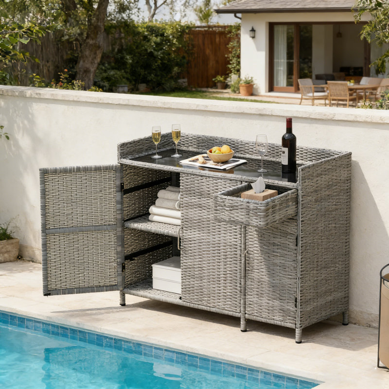 47.5" W All-Weather Wicker Outdoor Storage Cabinet & Buffet Server with Tempered Glass Top, Adjustable Shelves and Drawer