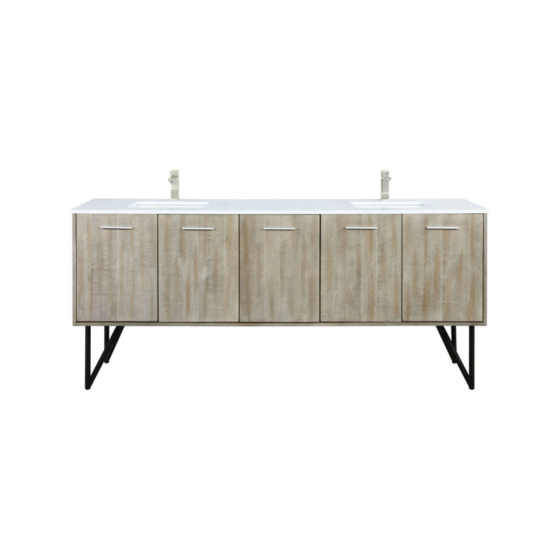 Meuble-lavabo double 80 po Rustic X P 20 po D, dessus en quartz blanc et robinet en nickel brossé, Nickel brossé