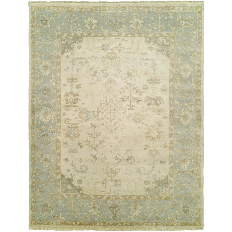Laine nouée à la main orientale Ivoire/bleu Tapis décoratif, Rectangle 8 pi x 10 pi