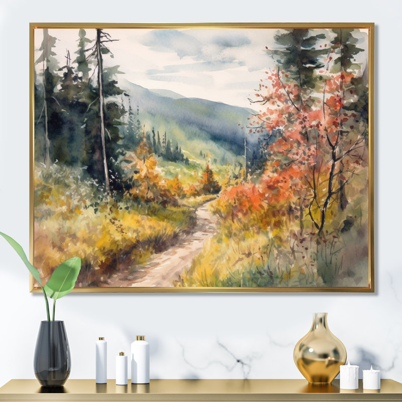 Petite route dans un paysage de montagne VII - forêt, art mural, H 30 po x l 40 po x P 1,5 po, Cadre flottant doré