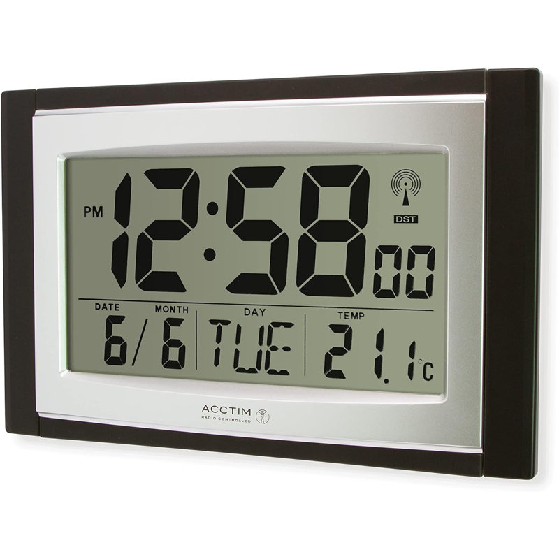 Acctim Stratus Digital Wall / Desk Clock Radio Controlled Tabletop LCD Display Date & Thermometer Black