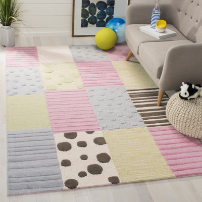 Kruetzen Geometric Handmade Tufted Blue/Pink Area Rug