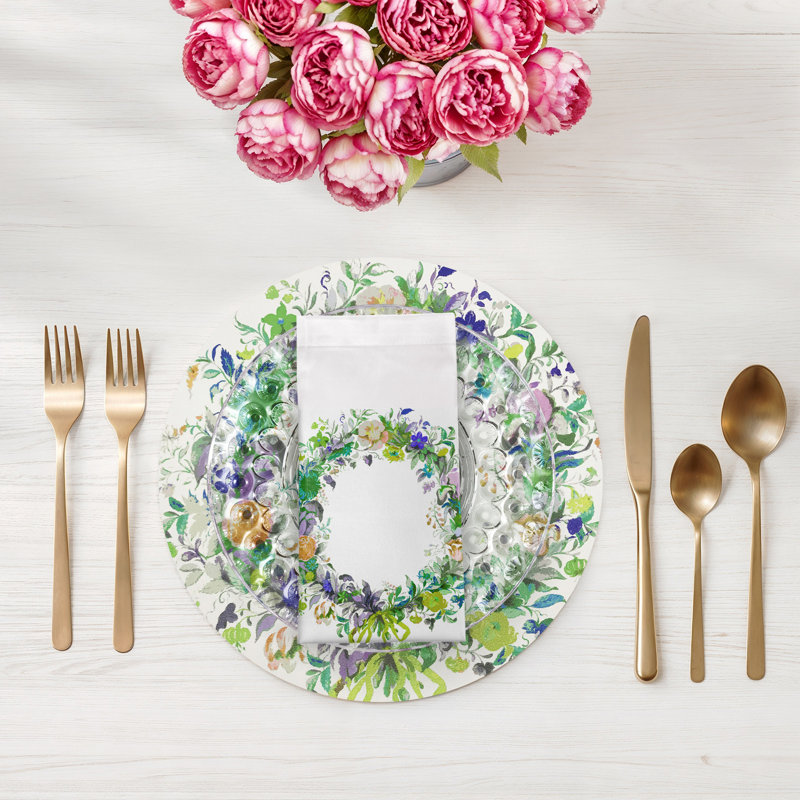 Wreath Flowers Cotton Sateen Dinner Napkins, Green