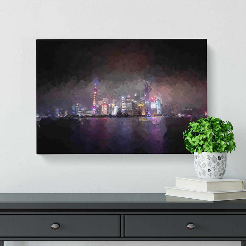 Shanghai China Skyline At Dusk In Abstract - Wrapped Canvas, 35cm H x 50cm W x 3cm D