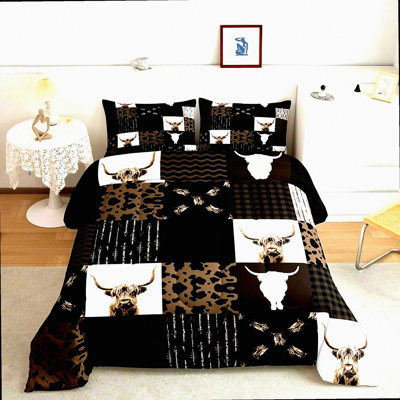 Rustic Farmhouse Highland Cattle Comforter Set - Brown Cow Print Duvet Quilt with 2 Pillowcases - Retro Country Style Bedding for Full Size Bed