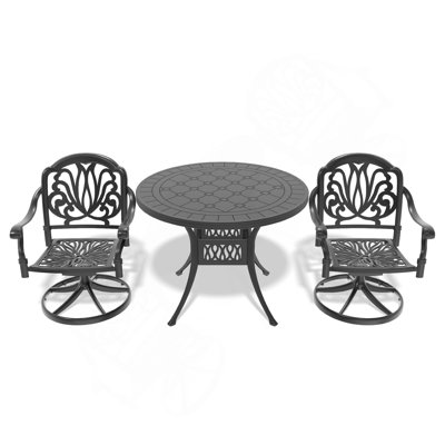 Ensemble de salle à manger 3 pièces en aluminium coulé toutes saisons comprenant 2 chaises pivotantes et une table ronde avec cadre noir