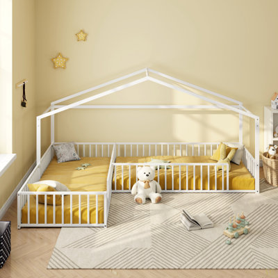 Double Twin Size L-Shaped Montessori Bed, Metal Corner House Bed Frame With Fence, House-Style Floor Bed For 2, Without Slats