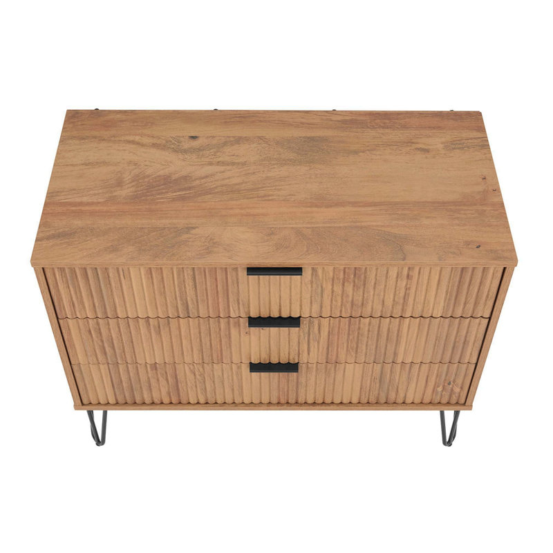 Dumbo 35" Fluted Dresser In Golden Brown (3-Drawer), Brown/Black