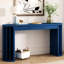 Console de 59 pouces, placage de chêne, bleu marine, pieds en éventail, lignes droites et courbées, décor de vestibule de style couloir, 2 tiroirs pour clés de courrier